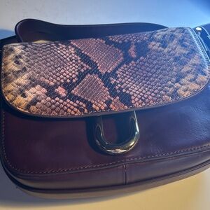 J. Crew Brown Leather Shoulder Bag with Snake-Print Flap
